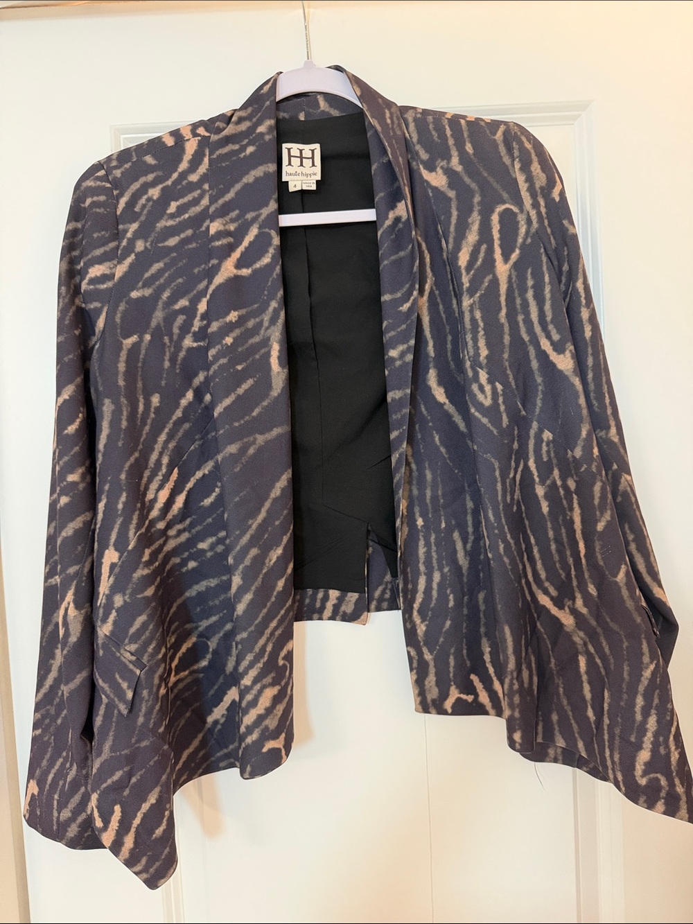 Haute Hippie Navy and Beige Zebra-Print Draped Open Jacket
